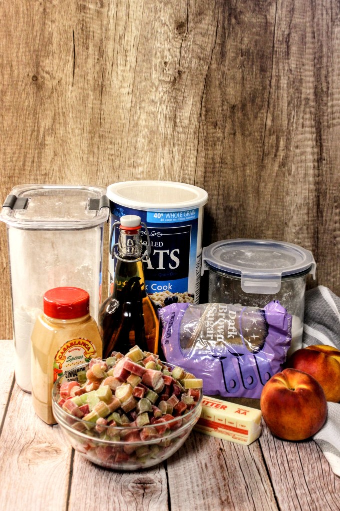 Ingredients for a rhubarb peach crisp
