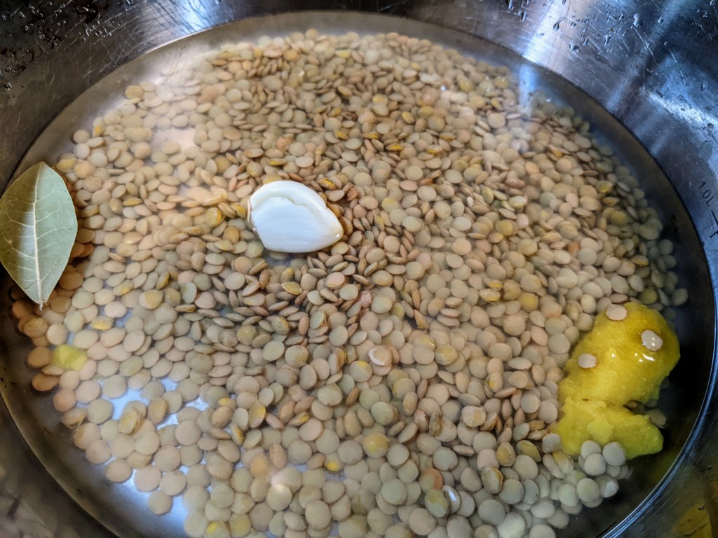 Lentils cooking in a pot with bay leaf, garlic, and stock concentrate
